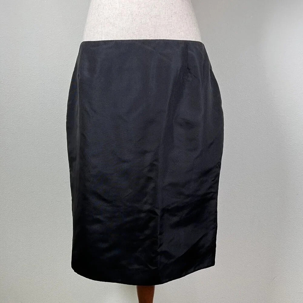 John Galliano Pencil Skirt Size 12 Black Silk Luxury Office Business Modern Chic